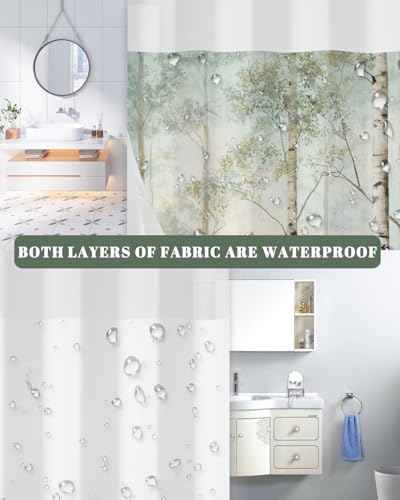 No Hook Woodland Shower Curtain with Snap in Liner, 71x74 Inch | Double Layer Waterproof Bath Curtain with Mesh Top, Soft Green Birch Trees Misty Forest Print for Modern & Farmhouse Bathroom - color: Forest-2