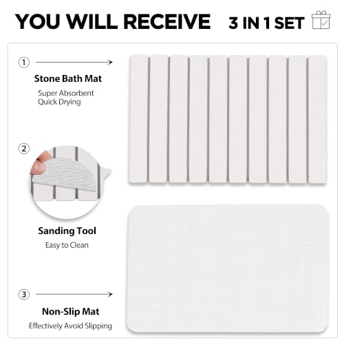 Foldable Stone Bath Mat 60x39cm | Quick-Dry Diatomaceous Earth Bath Rug with PVC Anti-Slip Base | Bathroom, Kitchen, Pet-Friendly Water Absorbent Mat - color: White