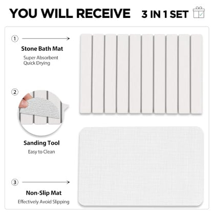 Foldable Stone Bath Mat 60x39cm | Quick-Dry Diatomaceous Earth Bath Rug with PVC Anti-Slip Base | Bathroom, Kitchen, Pet-Friendly Water Absorbent Mat - color: White