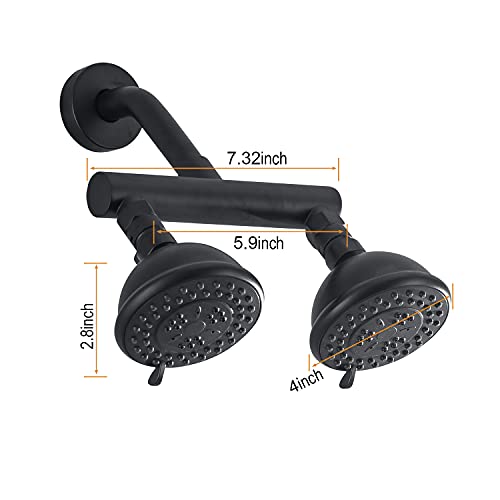 High Pressure Double Shower Head with Shut-Off Valve and Shower Arm Set Solid Brass Casting Dual Outlet Manifold Dual Shower Fixed Head 3 Function Shower Heads Sprayers, Matte Black - color: Matte Black