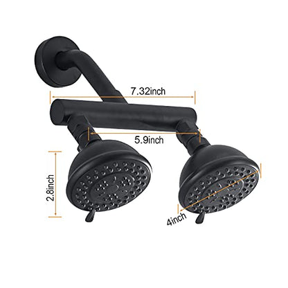 High Pressure Double Shower Head with Shut-Off Valve and Shower Arm Set Solid Brass Casting Dual Outlet Manifold Dual Shower Fixed Head 3 Function Shower Heads Sprayers, Matte Black - color: Matte Black