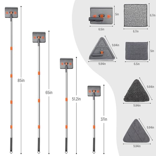 86" Baseboard Cleaner Tool with Handle,Wall Cleaner Tool with Long Handle, Ceiling Mop with Squeegee,Triangle Mop with 8 Replacement Pads for Baseboards Cleaning, Ceiling, Wall, Floor, Shower