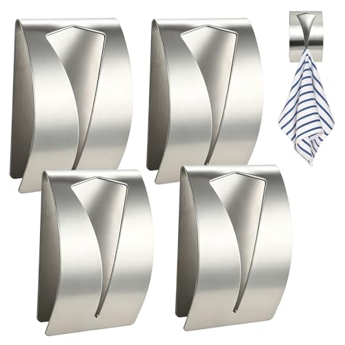 Self Adhesive Towel Hook Holder, 4Pcs Stainless Steel Kitchen Dish Towel Hook Grabber Wall Mount Non Drilling Hangers Shower Wall Hand Towels Hooks for Home Bathroom Kitchen Accesories, Silver - color: Silver, size: 4 PCS