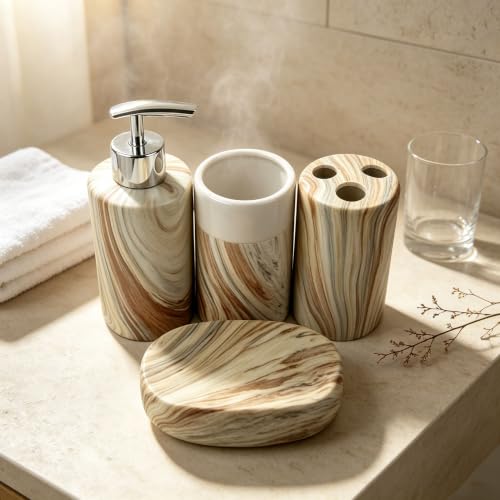 Ceramic Bathroom Accessories Set of 4, Marble Wood Grain Bathroom Vanity Set,Soap Dispenser, Toothbrush Holder, Tumbler & Soap Dish Modern Bathroom Organizer - color: Round Beige