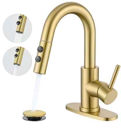 Brushed Gold Bathroom Faucet with Pull Down Sprayer, 2 Flow Mode | Modern Stainless Steel Bathroom Sink Faucet with Pop-up Drain and Hoses, RV & Outdoor Basins, for 1 or 3 Hole - color: Brush Gold