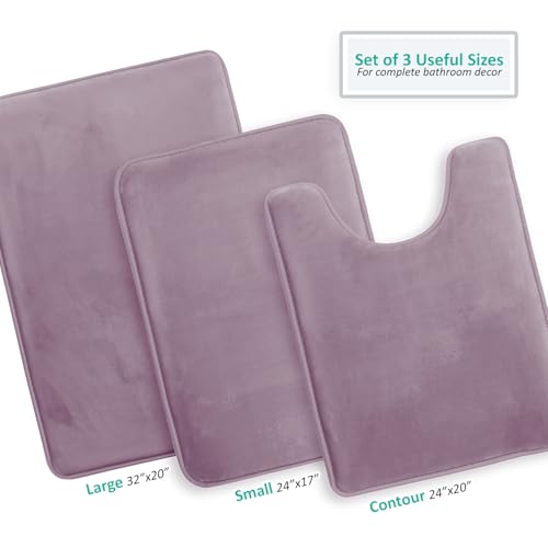 Clara Clark 3 Piece Bathroom Rugs, Velvet Memory Foam Bath Mat Set, Non-Slip Bath Rugs, Machine Wash, Dries Quickly, Ultra Soft Plush Bath Mats for Bathroom, 17 x 24/20 x 32 / Contour, Dusty Purple - color: Dusty Purple