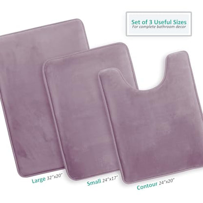 Clara Clark 3 Piece Bathroom Rugs, Velvet Memory Foam Bath Mat Set, Non-Slip Bath Rugs, Machine Wash, Dries Quickly, Ultra Soft Plush Bath Mats for Bathroom, 17 x 24/20 x 32 / Contour, Dusty Purple - color: Dusty Purple