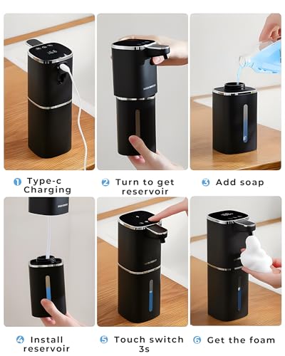 Automatic Foaming Soap Dispenser, Touchless Rechargeable | 13.5oz/400mL, with 9 Foam Levels, IPX5 Waterproof, Hands Free for Kitchen Sink & Bathroom - color: Black Foam