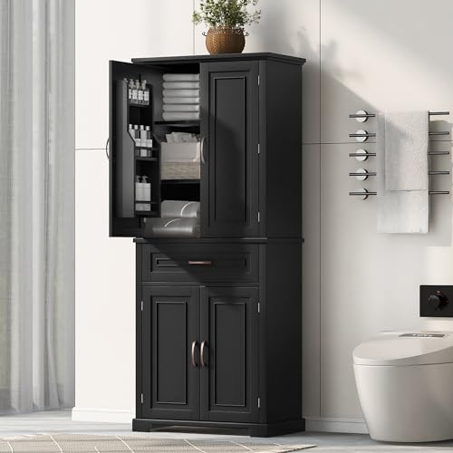 JIVOIT Bathroom Cabinet with Adjustable Shelf, 72" Tall Storage Cabinet with Doors and Drawer, Multi-Functional Wood Floor Storage Cabinet for Bathroom - color: Black,doors and Drawer 8
