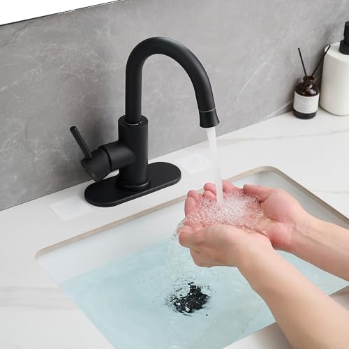 Black Bathroom Sink Faucet with Pull Out Sprayer for 1 Hole,Bar Sink with Pop-Up Drain,Single Handle Small Kitchen Faucet with 4 in Deck Plate,360°Swivel Faucet for Farmhouse Vanity - color: Black, style: Pull out-R
