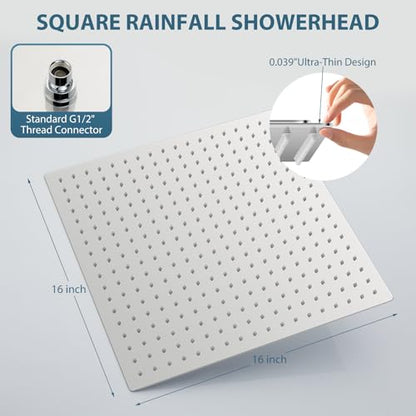 16inch Rainfall Shower Head, Ultra Thin 304 Stainless Steel High Flow Square Rainfall Showerhead, Waterfall Full Body Coverage, Universal Ceiling or Wall Mount, Chrome - color: Chrome, size: 16 Inch