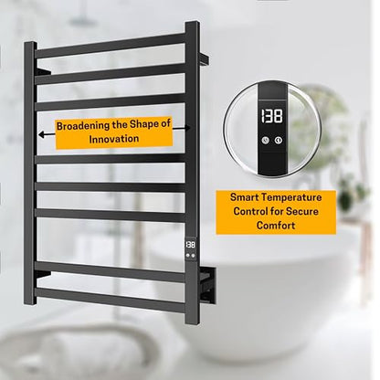 Heated Towel Rack, 8-Bar Wall Mount, Matte Black Stainless Steel | 304 stainless steel, 115-155°F adjustable, 1-24H auto shut-off timer, plug-in or hardwired, 160W, fits bath towels and robes - color: Matte Black