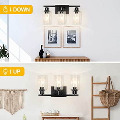 3-Light Vanity Light, Matte Black Bathroom Lighting Fixtures Over Mirror, Modern Metal Wall Lights for Hallway Kitchen Bedroom Living Room | Wall Sconce Light Fixture with Clear Glass Shade Matte Black Modern Metal Wall Lights for Hallway Kitchen Bedroom