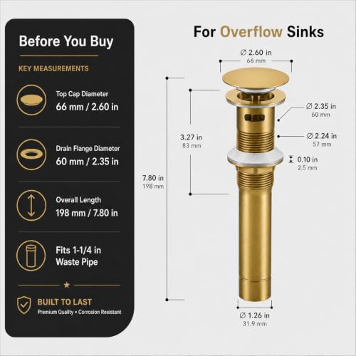 Metal Pop Up Bathroom Sink Drain with Overflow, Brushed Gold Vessel Sink Drain Assembly with Detachable Basket Stopper, Anti-Clogging Drain Strainer