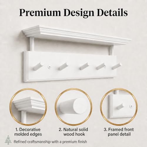Matías Coat Rack Wall Mount with Shelf, 18 Inch Solid Wood Peg Rail, Wall Mounted Coat Rack with 5 Hooks, Wall Mount Shelf for Entryway, Bathroom or Bedroom (White) - color: White