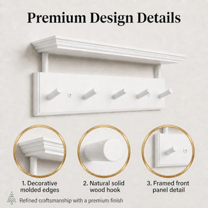 Matías Coat Rack Wall Mount with Shelf, 18 Inch Solid Wood Peg Rail, Wall Mounted Coat Rack with 5 Hooks, Wall Mount Shelf for Entryway, Bathroom or Bedroom (White) - color: White