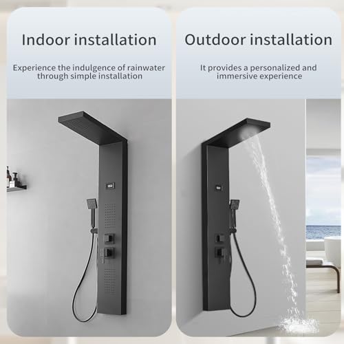 Bathroom Shower Panel Shower Tower System with 100 Body Massage Nozzle Jets, Shower Wall Panels Rainfall Shower Head with Temperature Display, Stainless Steel, Black