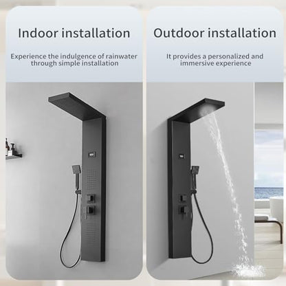 Bathroom Shower Panel Shower Tower System with 100 Body Massage Nozzle Jets, Shower Wall Panels Rainfall Shower Head with Temperature Display, Stainless Steel, Black