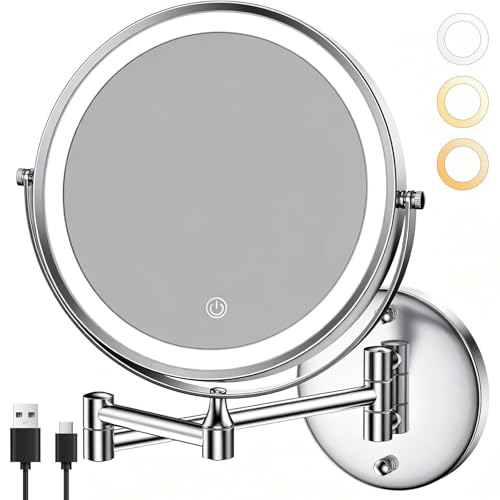 8.5" Wall Mounted Lighted Makeup Mirror, 3000 mAh Rechargeable Double-Sided 1X 10X Magnifying Mirror, 3 Color Lighting, Touch Screen Dimming, Extended Arm 360 Rotation Shaving Bathroom Mirror - color: Chrome Wall-mounted