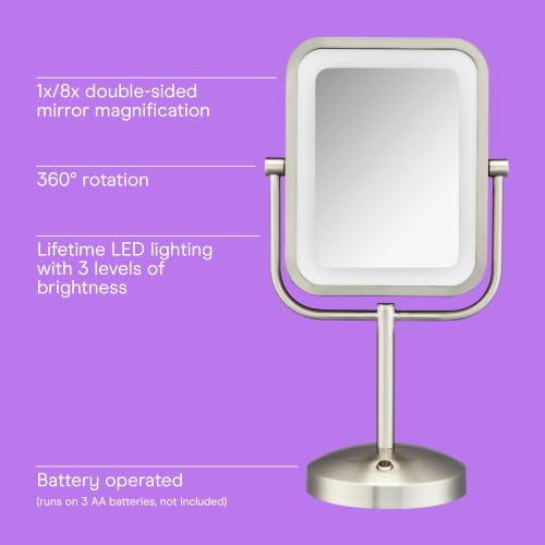 Conair Lighted Makeup Mirror, LED Vanity Mirror, 1X/8X Magnifying Mirror, Battery Operated in Brushed Nickel - style: Brushed Nickel 1X/8X Magnification