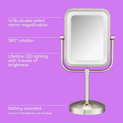 Conair Lighted Makeup Mirror, LED Vanity Mirror, 1X/8X Magnifying Mirror, Battery Operated in Brushed Nickel - style: Brushed Nickel 1X/8X Magnification