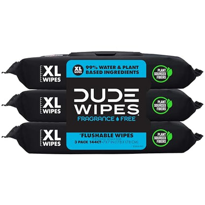 DUDE Wipes Unscented Adult Flushable Wet Wipes, Sensitive Skin, 144 Count | 3 packs of 48 extra large flushable butt wipes. Hypoallergenic plastic-free wipes. 99% water, vitamin E, aloe. Septic safe. - size: 48 Count (Pack of 3)