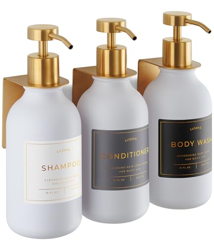 Shower Shampoo Dispenser Wall Mounted – 3 Refillable 16.9 oz White Bottles with Stainless Steel Pumps & No-Drill Adhesive Holders – Soap Dispenser Set for Bathroom (3 X White/Gold) - color: 3 X White/Gold