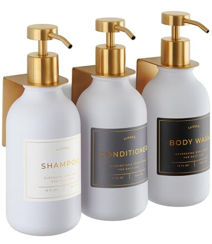 Shower Shampoo Dispenser Wall Mounted – 3 Refillable 16.9 oz White Bottles with Stainless Steel Pumps & No-Drill Adhesive Holders – Soap Dispenser Set for Bathroom (3 X White/Gold) - color: 3 X White/Gold