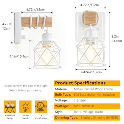 FadimiKoo Wall Sconces Set of Two, Farmhouse Hardwired White Wall Lamps with Wooden Arm & On/Off Dimmable Switch, Modern Bathroom Light Fixtures with Metal Shade for Living Room, Hallway, Bedroom - color: White, size: 1-Light (2 Pack)