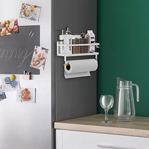 Spice Rack Magnetic Shelf with Paper Towel Holder Roll and Hooks, Foldable Refrigerator Magnetic Spice Holder, Seasoning Organizer Hanging Spice Storage Stand, White - color: White