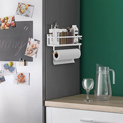 Spice Rack Magnetic Shelf with Paper Towel Holder Roll and Hooks, Foldable Refrigerator Magnetic Spice Holder, Seasoning Organizer Hanging Spice Storage Stand, White - color: White