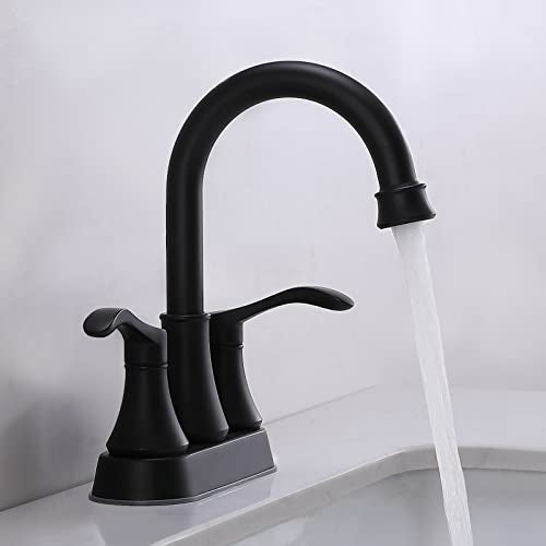 Lead-Free Antique 2 Handle Bathroom Sink Faucet, 360° Swivel High-Arc Spout 4-Inch Centerset Lavatory Vanity Faucets Set with Drain & Water Hoses, Matte Black