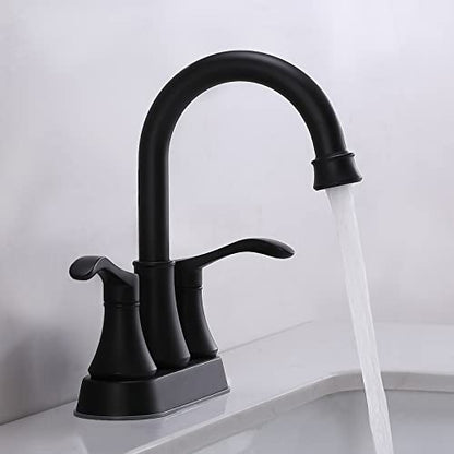 Lead-Free Antique 2 Handle Bathroom Sink Faucet, 360° Swivel High-Arc Spout 4-Inch Centerset Lavatory Vanity Faucets Set with Drain & Water Hoses, Matte Black