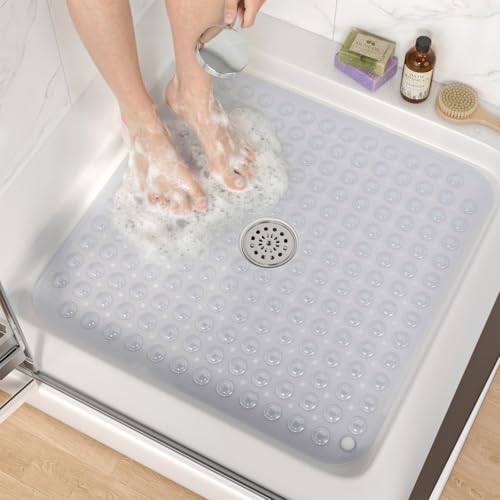 HITSLAM Square Shower Mat, Non Slip PVC Stall Mat, 24"x24", Clear | Power Grip Suction Cups, Center Drain Hole, Built-In Hanging Holes, Machine Washable Bathroom Floor Mat, Soft On Feet - color: Crystal Clear