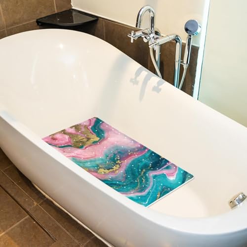 Shower Mat Bathtub Mat, 26.8x15.1 inch, Non-Slip Bath Mat with Drain, Quick Drying PVC Bathmat for Tub, Shower, Bathroom, Pink Teal Marble Texture - color: Multi 13