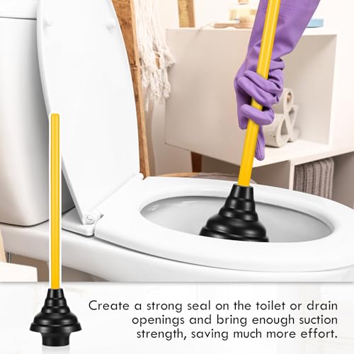 4 Pcs Heavy Duty Toilet Plunger with Long Wooden Handle Force Suction Cup 26.38"x5.51" Black Rubber Toilet Plunger Removes Clogs Without Holder for Bathroom Drains Sink