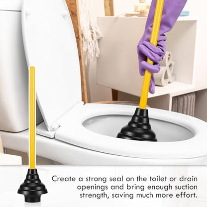 4 Pcs Heavy Duty Toilet Plunger with Long Wooden Handle Force Suction Cup 26.38"x5.51" Black Rubber Toilet Plunger Removes Clogs Without Holder for Bathroom Drains Sink