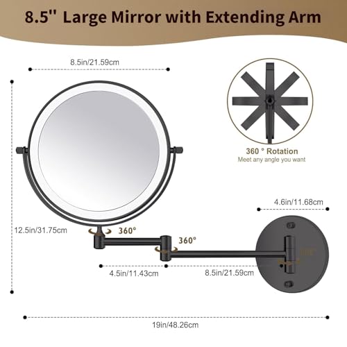 8.5" Wall Mounted Lighted Makeup Mirror, 3000 mAh Rechargeable Double-Sided 1X 10X Magnifying Mirror, 3 Color Lighting, Touch Screen Dimming, Extended Arm 360 Rotation Bathroom Mirro, Black - color: Black Wall-mounted