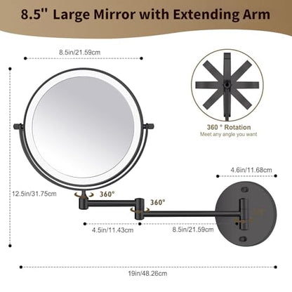 8.5" Wall Mounted Lighted Makeup Mirror, 3000 mAh Rechargeable Double-Sided 1X 10X Magnifying Mirror, 3 Color Lighting, Touch Screen Dimming, Extended Arm 360 Rotation Bathroom Mirro, Black - color: Black Wall-mounted