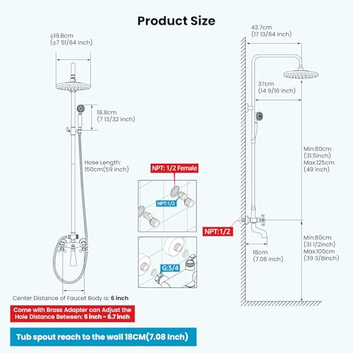 gotonovo Exposed Shower Faucet with Spout Matte Black,Straight Pipe | Brass Bathroom Exposed Shower System,8’’ Rain Head,Swivel Tub Spout 2 Cross Handle,Adjustable Handheld Sprayer,Wall Mount - color: Black