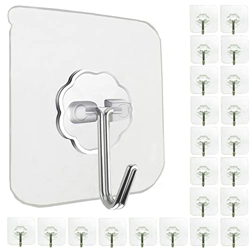 24 Pack Adhesive Wall Hooks 33LB Heavy Duty No Drill Clear Sticky Hooks | Transparent, Waterproof, Self Adhesive, 33lbs Max Load No Damage, For Keys, Bathroom, Shower, Outdoor, Kitchen, Door - size: 24 Pack