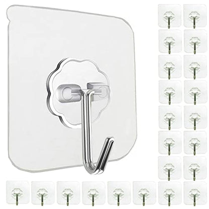24 Pack Adhesive Wall Hooks 33LB Heavy Duty No Drill Clear Sticky Hooks | Transparent, Waterproof, Self Adhesive, 33lbs Max Load No Damage, For Keys, Bathroom, Shower, Outdoor, Kitchen, Door - size: 24 Pack