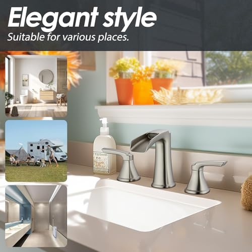 Brushed Nickel Waterfall Bathroom Faucet, Sanliv 3-Piece Widespread Bathroom Sink Faucets, 2-Handle Vanity Faucet for 3-Hole Sinks 4-8 Inch with Pop-Up Drain, Brushed Nickel - color: Brushed Nickel
