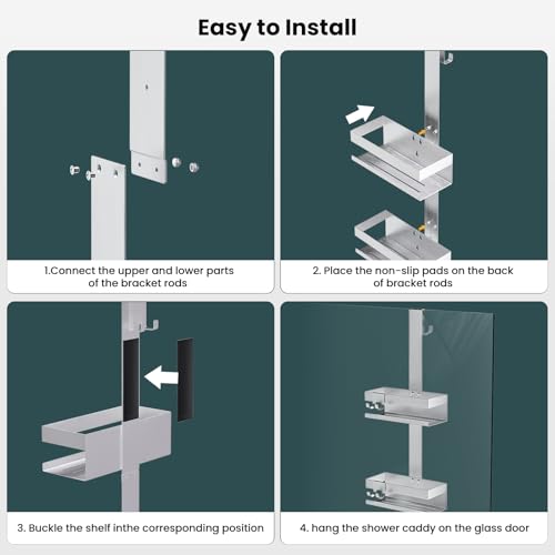 Over Door Shower Caddy Hanging - Rustproof Bathroom Organizer Over The Glass Door - No Drilling 2 Tier Bathroom Shower Rack for Inside