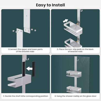 Over Door Shower Caddy Hanging - Rustproof Bathroom Organizer Over The Glass Door - No Drilling 2 Tier Bathroom Shower Rack for Inside