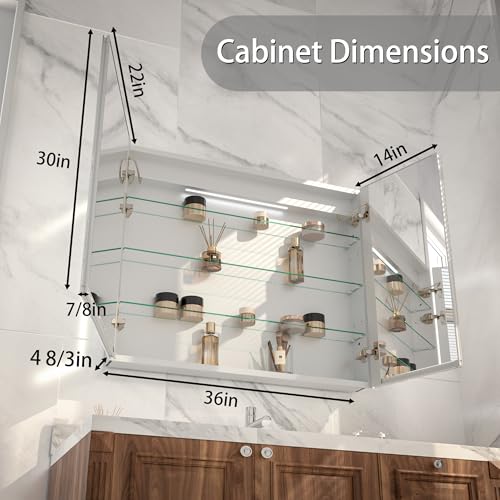 36x30" Wall-Mounted LED Bathroom Medicine Cabinet, Anti-Fog, 3 Color Temp | Surface-Mount/Recessed, Double-Sided Mirror Cabinet with DTC Silent-Close Hinges, Adjustable Tempered Glass Shelf - size: 36W x 30H Inch