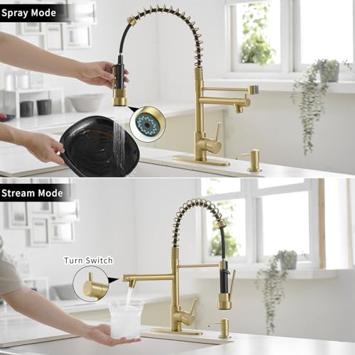 AIMADI Gold Kitchen Faucet with Soap Dispenser,Commercial Single Handle | pull down Kitchen Faucets with Sprayer,Brushed Gold,for 1-hole or 3-hole sinks,Farmhouse RV Laundry - color: Brushed Gold, style: with Soap Dispenser