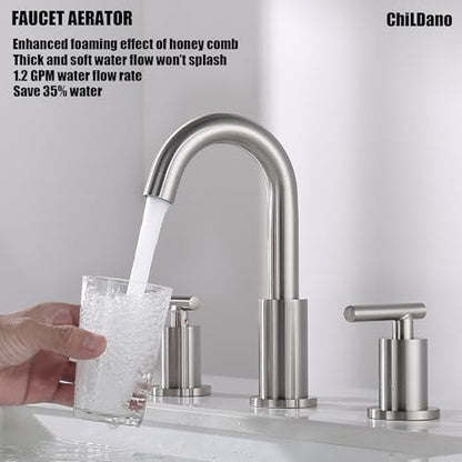 ChiLDano Widespread Bathroom Faucet 3 Hole with Sink Drain and Supply Hose | Brushed Nickel 3 Hole Faucet for Bathroom Sink, Satin Nickel 2 Handle 3 Pieces Bathroom Vanity Faucet - color: Brushed Nickel