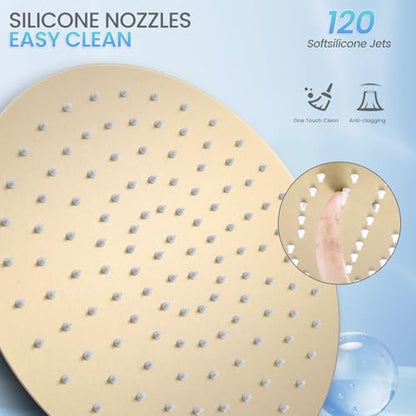 12 inch Brushed Gold Rainfall Shower Head - All Metal Stainless Steel Full Body Round Rain Shower with 120 Silicone Nozzles Modern Bathroom - color: Brushed Gold, size: 12 Inch