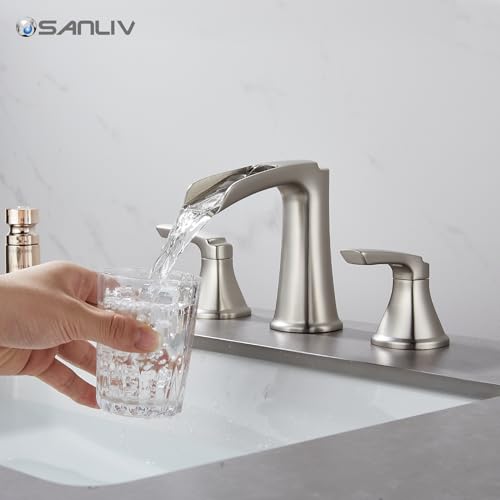 Brushed Nickel Waterfall Bathroom Faucet, Sanliv 3-Piece Widespread Bathroom Sink Faucets, 2-Handle Vanity Faucet for 3-Hole Sinks 4-8 Inch with Pop-Up Drain, Brushed Nickel - color: Brushed Nickel